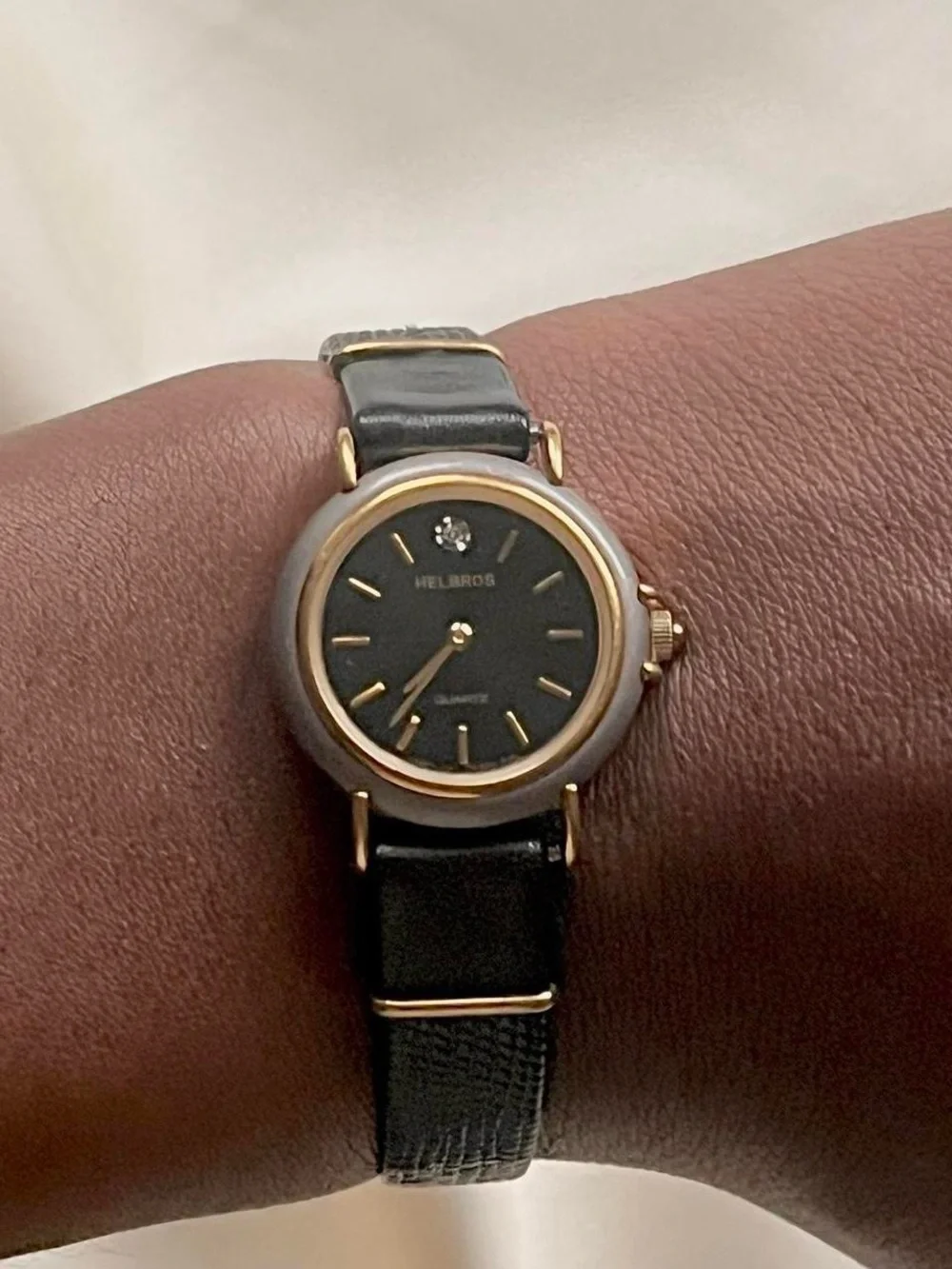 Timeless Vintage Helbros Black Leather Women's Wristwatch - Gold Accents